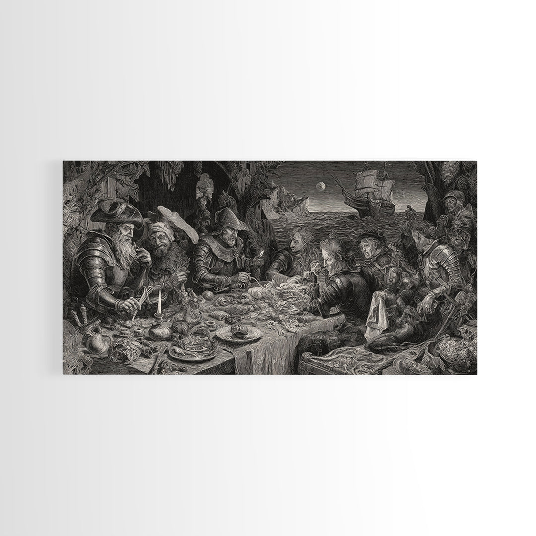 The Ghost Pirate Picnic, Renaissance Engraving Art, Wide Panoramic Art, Gothic Horror Wall Art, Canvas Print, Halloween Wall Art