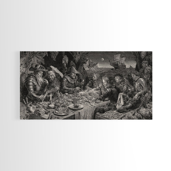The Ghost Pirate Picnic, Renaissance Engraving Art, Wide Panoramic Art, Gothic Horror Wall Art, Canvas Print, Halloween Wall Art