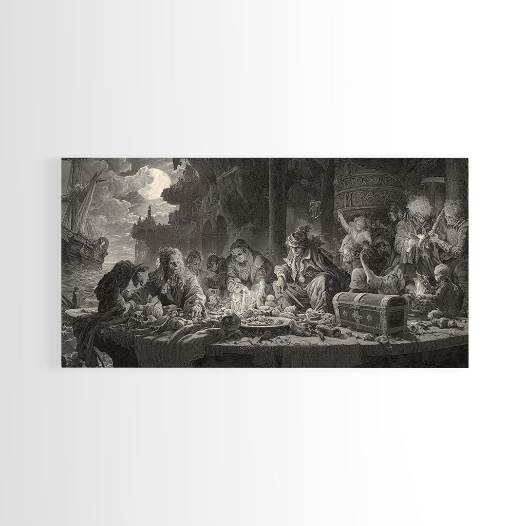 The Ghost Pirate Picnic, Architectural Etching Art, Wide Panoramic Art, Dark Halloween Decor, Framed Canvas Print