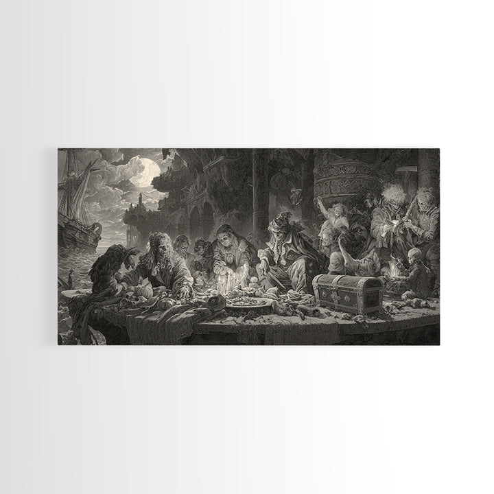 The Ghost Pirate Picnic, Architectural Etching Art, Wide Panoramic Art, Dark Halloween Decor, Framed Canvas Print