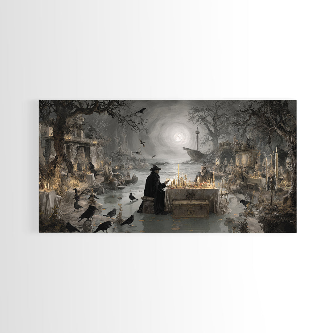 The Ghost Pirate Picnic, Romantic Gothic Landscape, Wide Panoramic Art, Macabre Wall Art, Framed Canvas Print, Halloween Wall Art
