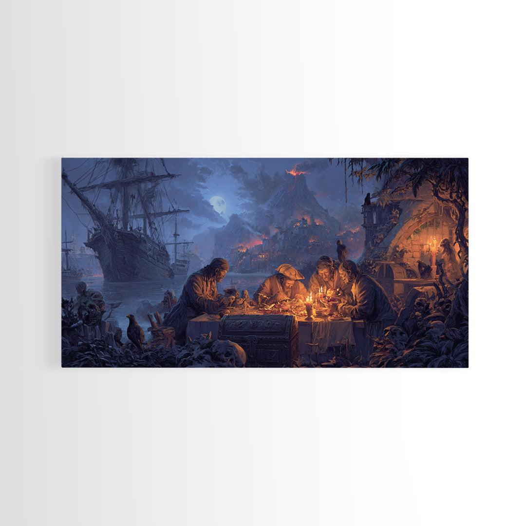 The Ghost Pirate Picnic, Apocalyptic Romantic Art, Wide Panoramic Art, Macabre Wall Art, Framed Canvas Print, Halloween Wall Art
