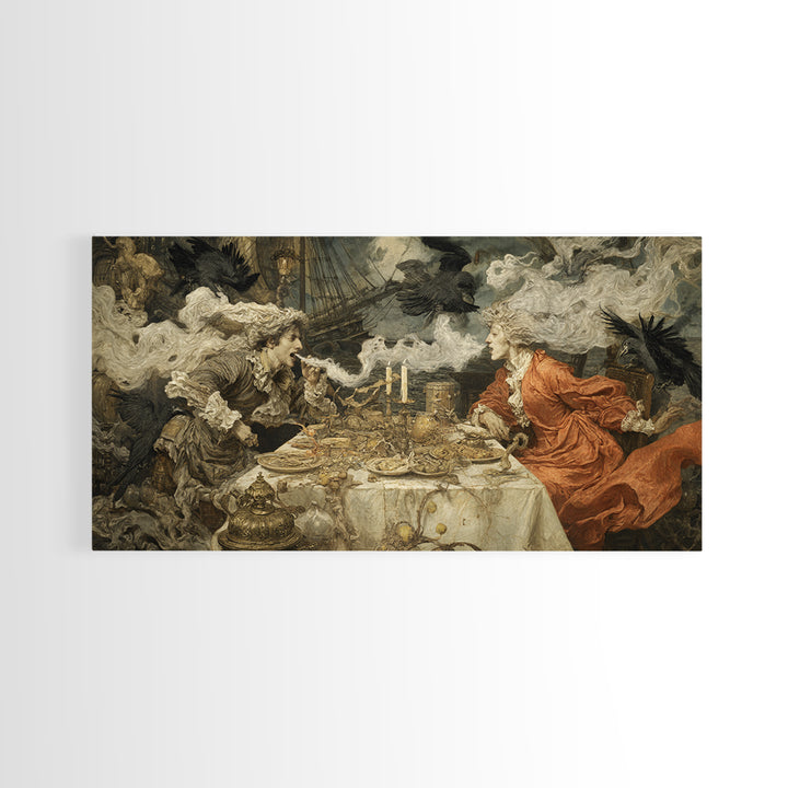 The Ghost Pirate Picnic, Ornate Symbolist Art, Wide Panoramic Art, Dark Halloween Decor, Canvas Print, Halloween Wall Art