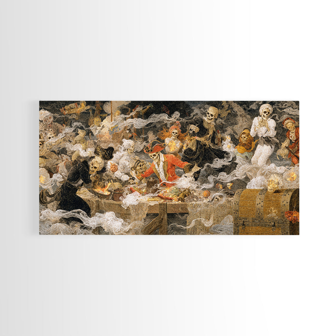The Ghost Pirate Picnic, Grotesque Carnival Art, Wide Panoramic Art, Dark Fantasy Wall Art, Framed Canvas Print, Halloween Wall Art