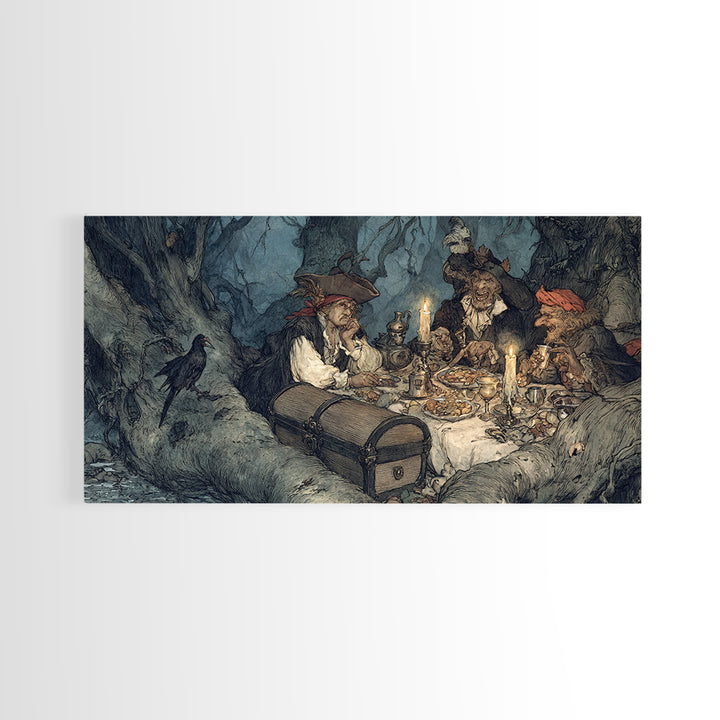 The Ghost Pirate Picnic, Gothic Storybook Art, Wide Panoramic Art, Dark Fantasy Wall Art, Canvas Print, Halloween Wall Art