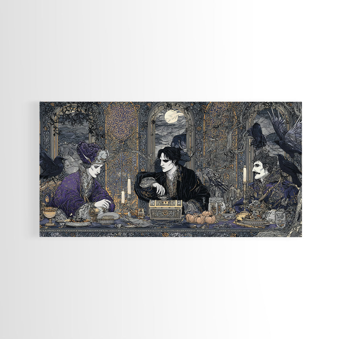 The Ghost Pirate Picnic, Stained Glass Gothic Art, Wide Panoramic Art, Dark Halloween Decor, Framed Canvas Print, Halloween Wall Art