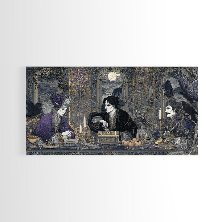 The Ghost Pirate Picnic, Stained Glass Gothic Art, Wide Panoramic Art, Dark Halloween Decor, Framed Canvas Print, Halloween Wall Art