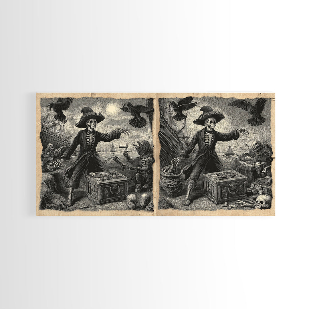 The Ghost Pirate Picnic, Macabre Folk Print Art, Wide Panoramic Art, Dark Fantasy Wall Art, Framed Canvas Print, Halloween Decor