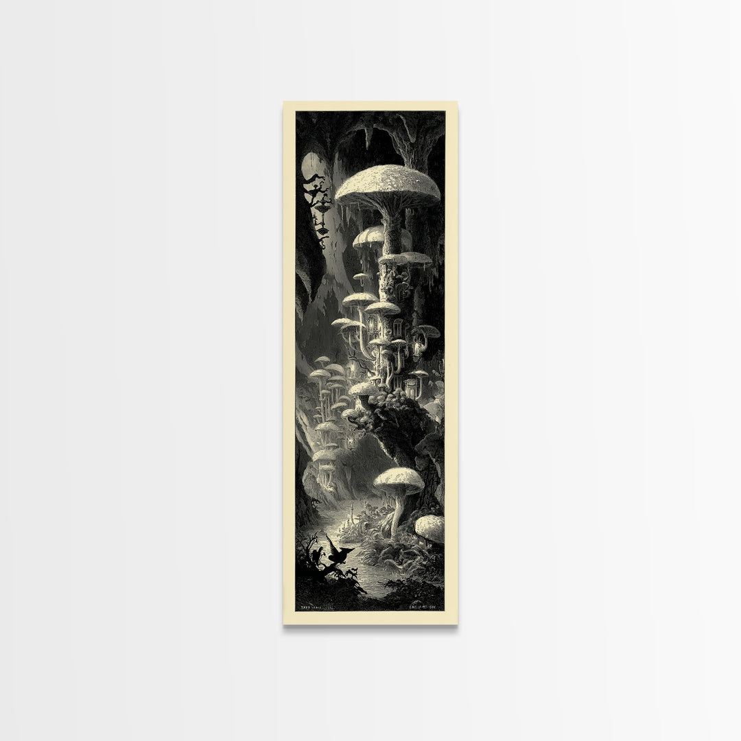 The Moonlit Mushroom Village, Gothic Engraving Art, Tall Narrow Wall Art, Macabre Wall Art, Canvas Print, Halloween Wall Art