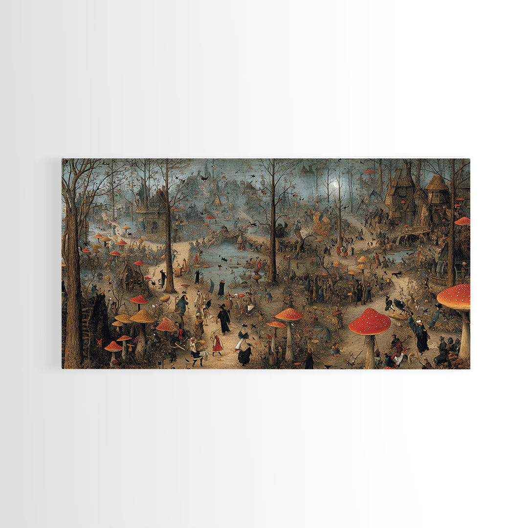 The Moonlit Mushroom Village, Northern Renaissance Horror, Wide Panoramic Art, Macabre Wall Art, Canvas Print, Halloween Wall Art