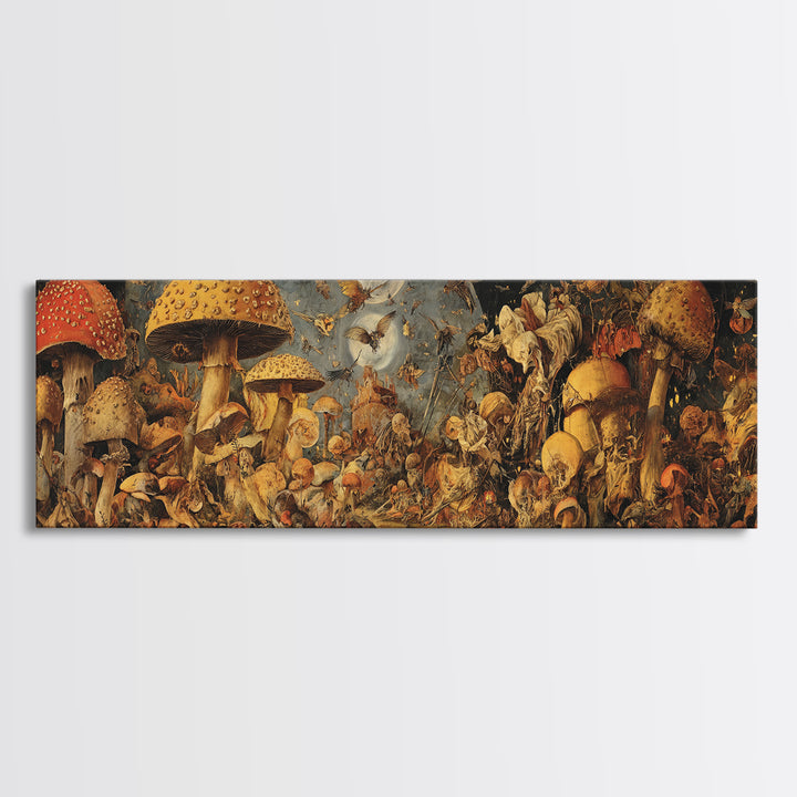 The Moonlit Mushroom Village, Dark Renaissance Art, Extra Wide Wall Art, Dark Fantasy Wall Art, Framed Canvas Print