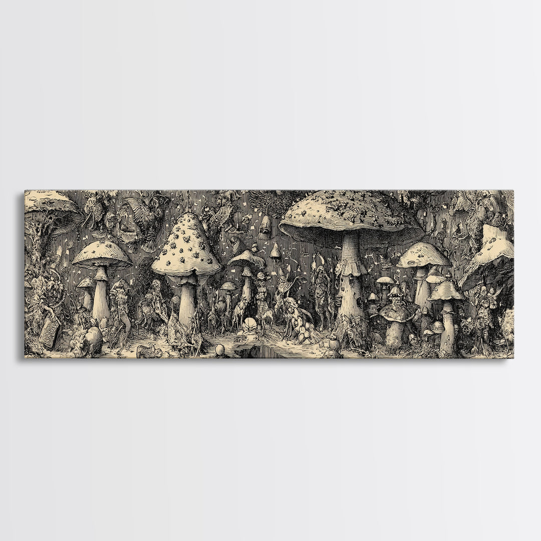 The Moonlit Mushroom Village, Renaissance Engraving Art, Extra Wide Wall Art, Dark Halloween Decor, Framed Canvas Print, Macabre Wall Art