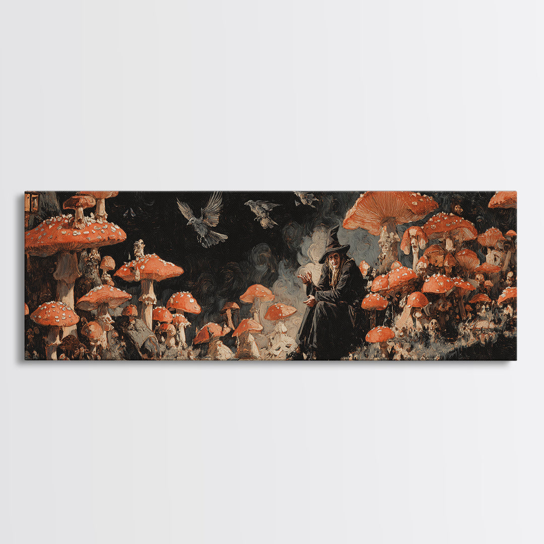 The Moonlit Mushroom Village, Dark Romantic Horror Art, Extra Wide Wall Art, Dark Fantasy Wall Art, Canvas Print, Halloween Wall Art