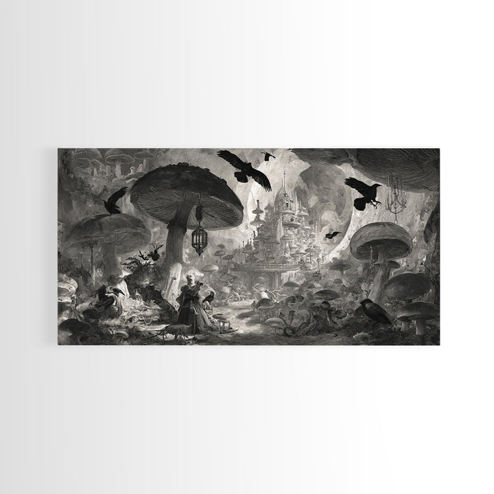 The Moonlit Mushroom Village, Architectural Etching Art, Wide Panoramic Art, Gothic Horror Wall Art, Canvas Print