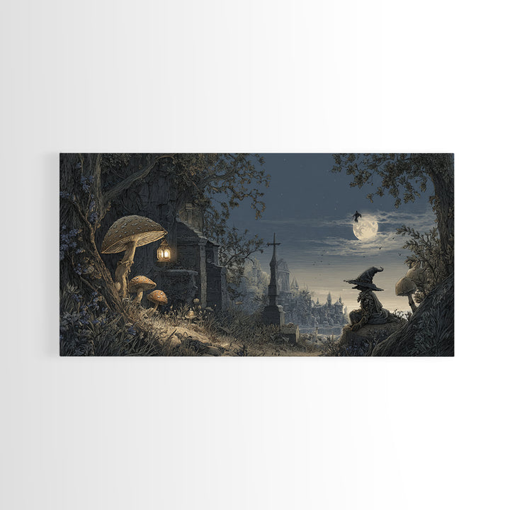 The Moonlit Mushroom Village, Romantic Gothic Landscape, Wide Panoramic Art, Dark Fantasy Wall Art, Canvas Print, Dark Fantasy Art