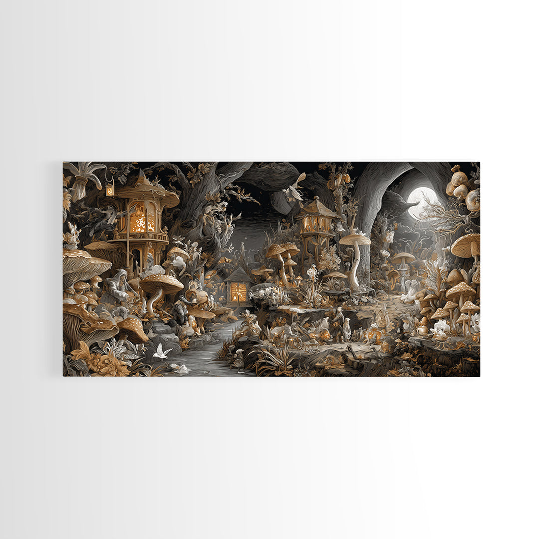 The Moonlit Mushroom Village, Apocalyptic Romantic Art, Wide Panoramic Art, Dark Fantasy Wall Art, Canvas Print, Halloween Wall Art