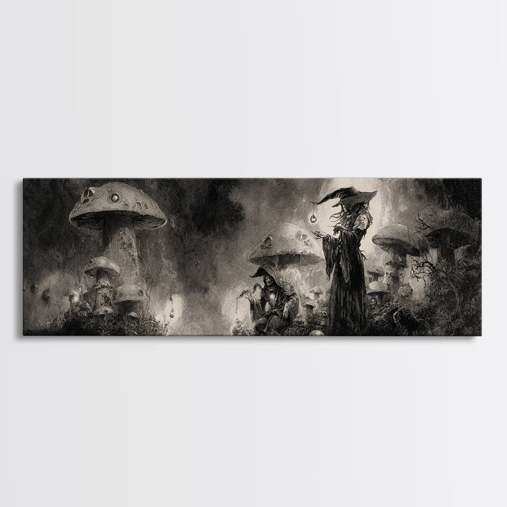 The Moonlit Mushroom Village, Symbolist Dream Art, Extra Wide Wall Art, Gothic Horror Wall Art, Canvas Print, Halloween Wall Art