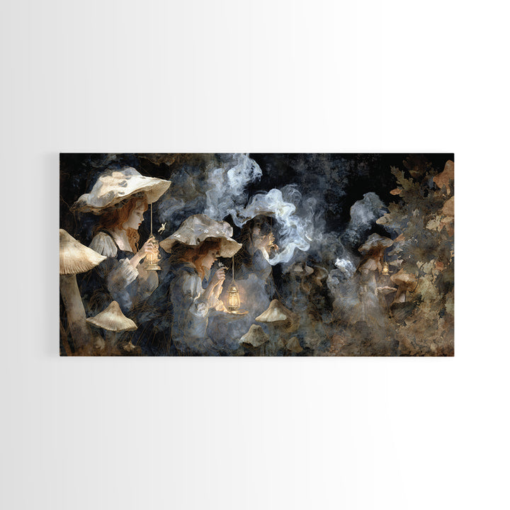 The Moonlit Mushroom Village, Symbolist Gothic Landscape, Wide Panoramic Art, Dark Fantasy Wall Art, Canvas Print, Halloween Wall Art