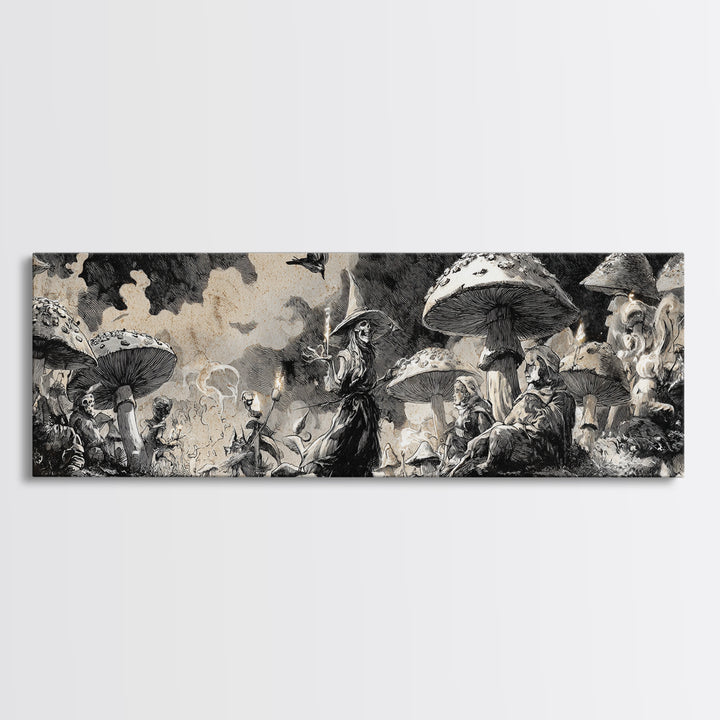 The Moonlit Mushroom Village, Decadent Gothic Art, Extra Wide Wall Art, Dark Halloween Decor, Framed Canvas Print, Halloween Wall Art