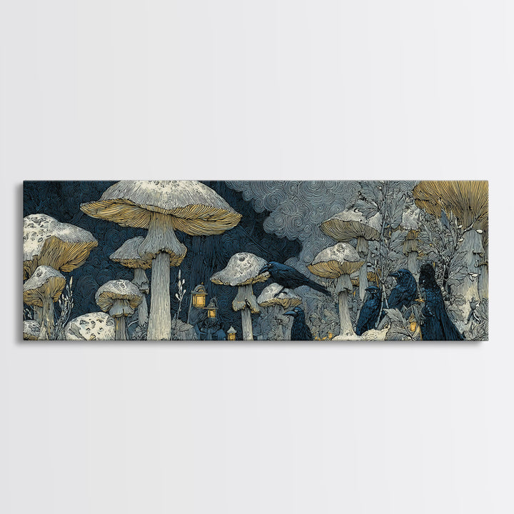 The Moonlit Mushroom Village, Symbolist Death Art, Extra Wide Wall Art, Macabre Wall Art, Framed Canvas Print, Halloween Wall Art