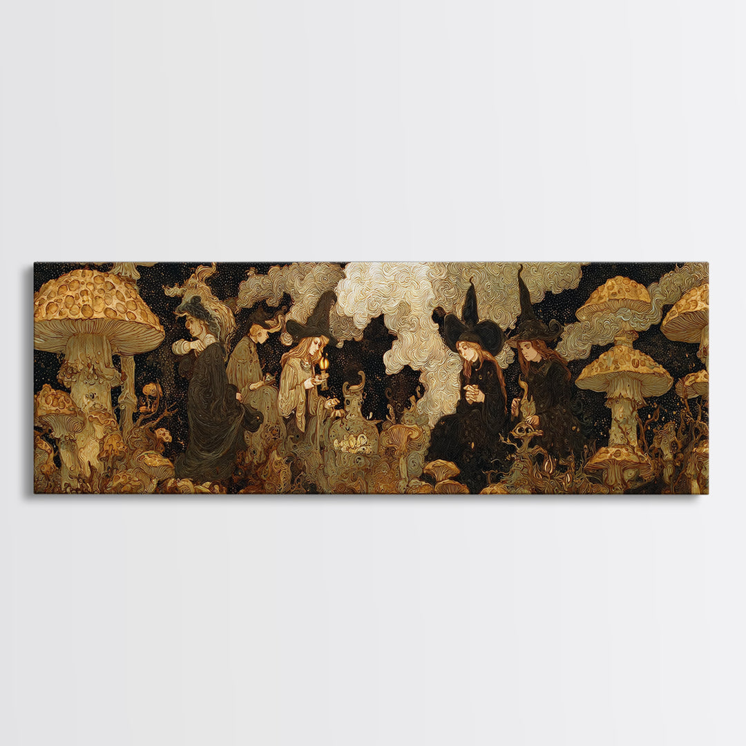 The Moonlit Mushroom Village, Dark Symbolist Art, Extra Wide Wall Art, Gothic Horror Wall Art, Canvas Print, Halloween Wall Art