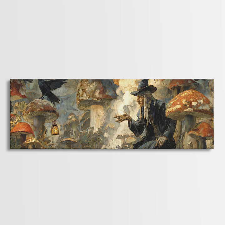 The Moonlit Mushroom Village, Symbolist Etching Art, Extra Wide Wall Art, Gothic Horror Wall Art, Canvas Print, Halloween Wall Art