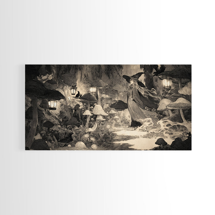 The Moonlit Mushroom Village, Expressionist Nightmare Art, Wide Panoramic Art, Gothic Horror Wall Art, Canvas Print, Halloween Wall Art