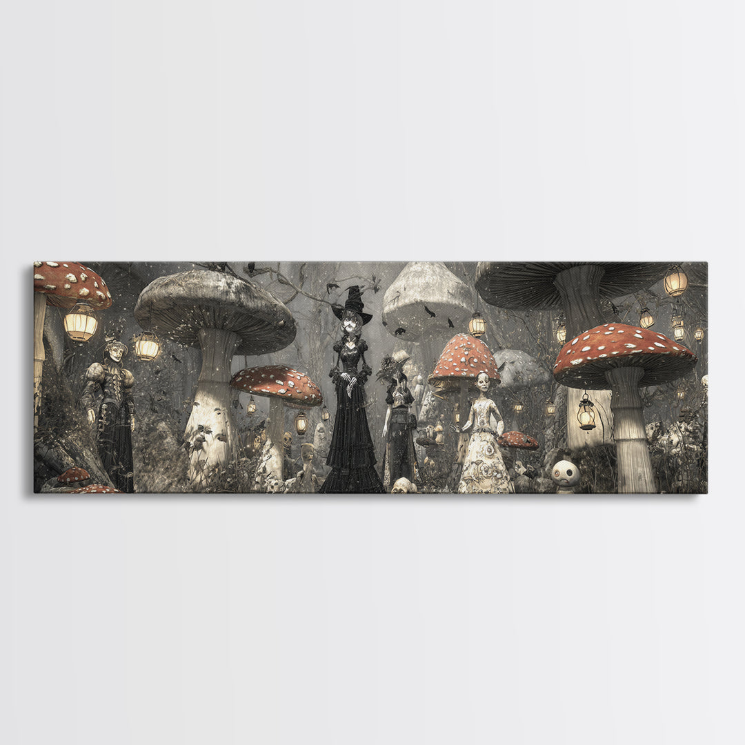 The Moonlit Mushroom Village, Expressionist Gothic Art, Extra Wide Wall Art, Dark Fantasy Wall Art, Framed Canvas Print, Halloween Wall Art