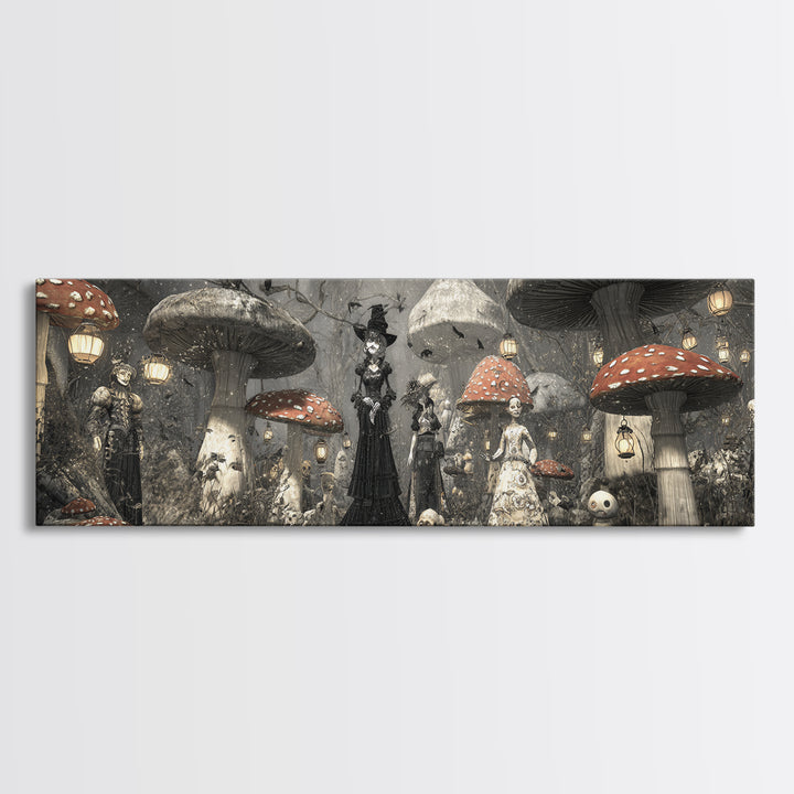 The Moonlit Mushroom Village, Expressionist Gothic Art, Extra Wide Wall Art, Dark Fantasy Wall Art, Framed Canvas Print, Halloween Wall Art