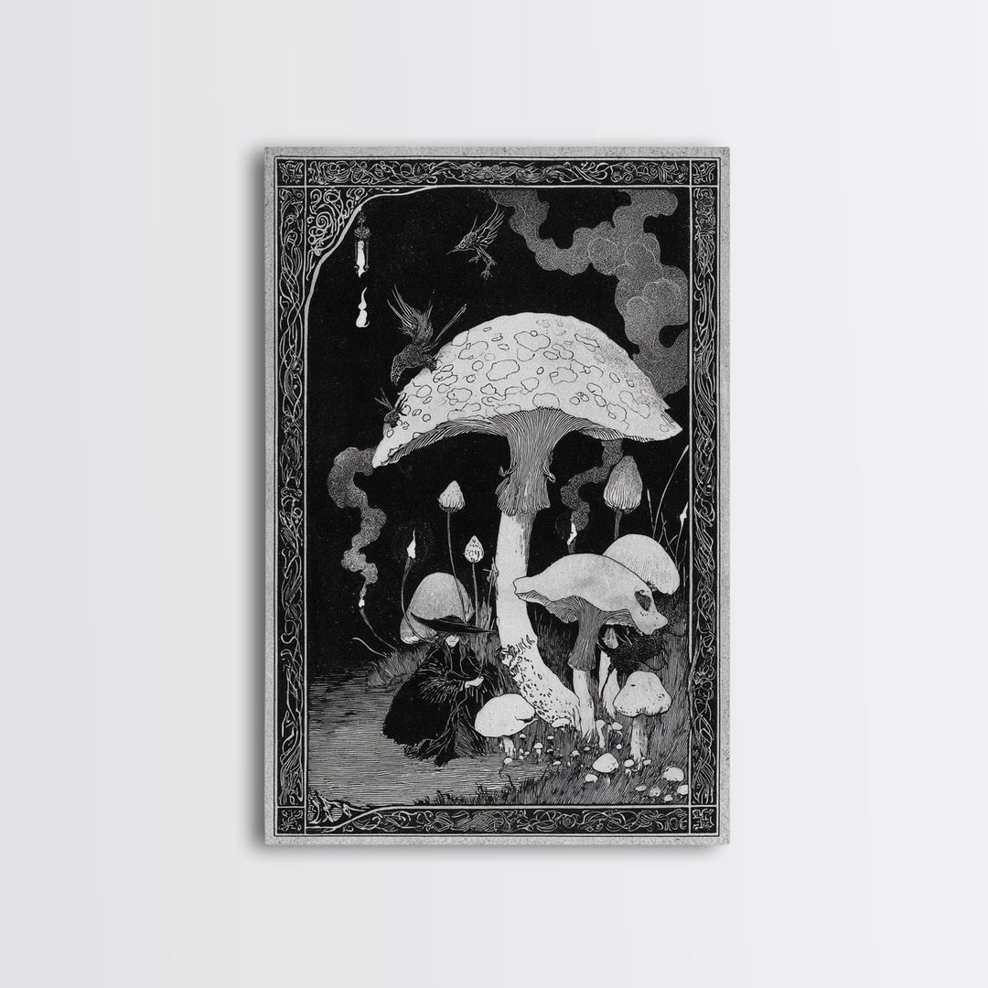The Moonlit Mushroom Village, Decadent Line Art, Vertical Wall Art, Macabre Wall Art, Framed Canvas Print, Halloween Wall Art