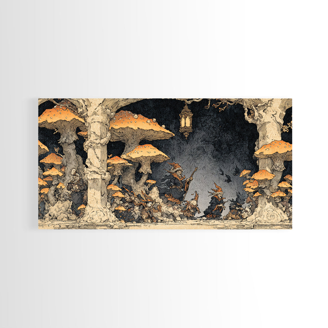 The Moonlit Mushroom Village, Gothic Storybook Art, Wide Panoramic Art, Gothic Horror Wall Art, Canvas Print, Halloween Wall Art