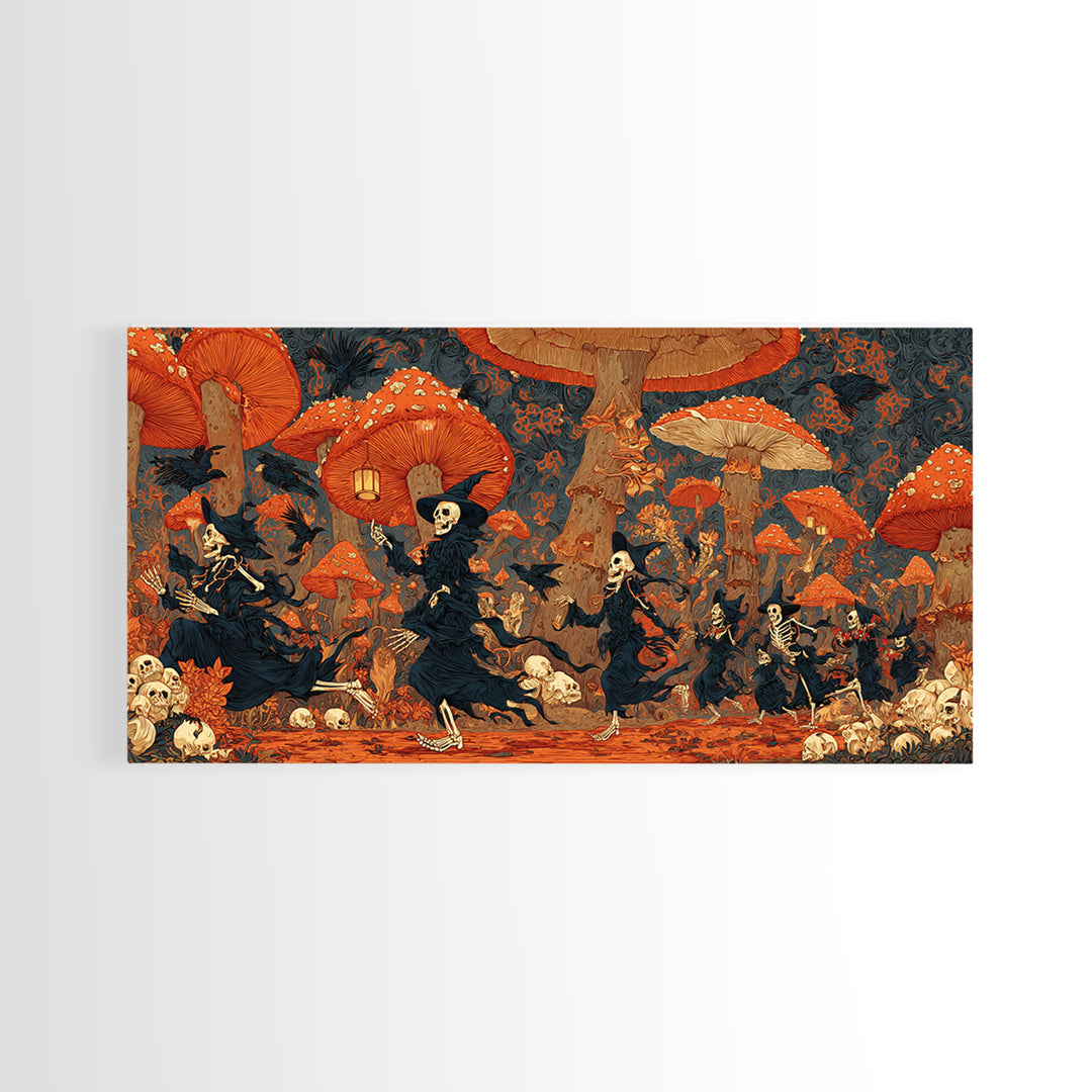 The Moonlit Mushroom Village, Macabre Folk Print Art, Wide Panoramic Art, Dark Halloween Decor, Framed Canvas Print