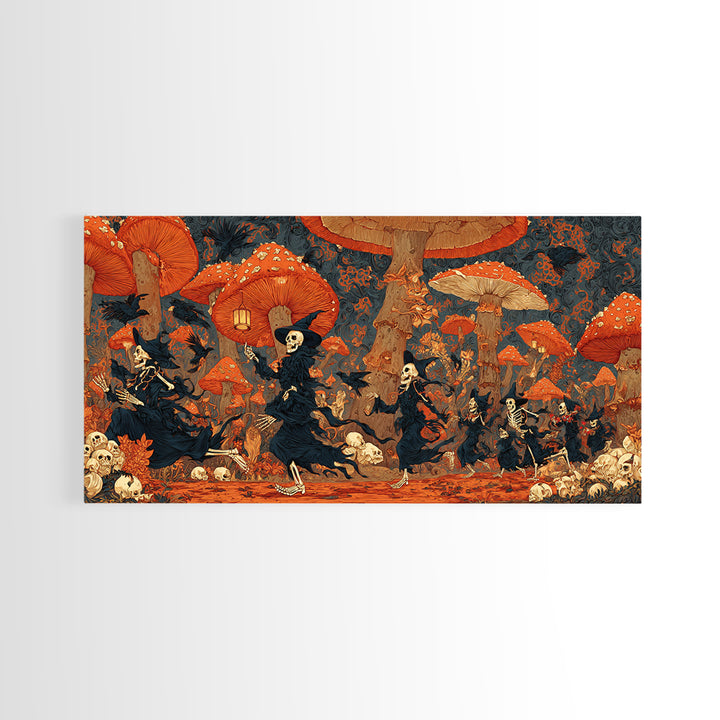 The Moonlit Mushroom Village, Macabre Folk Print Art, Wide Panoramic Art, Dark Halloween Decor, Framed Canvas Print
