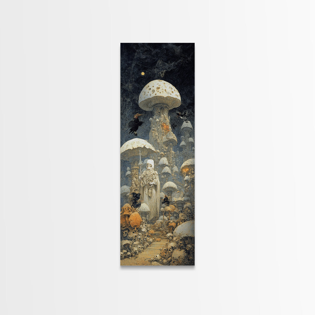 The Moonlit Mushroom Village, Surreal Apocalyptic Art, Tall Narrow Wall Art, Gothic Horror Wall Art, Framed Canvas Print