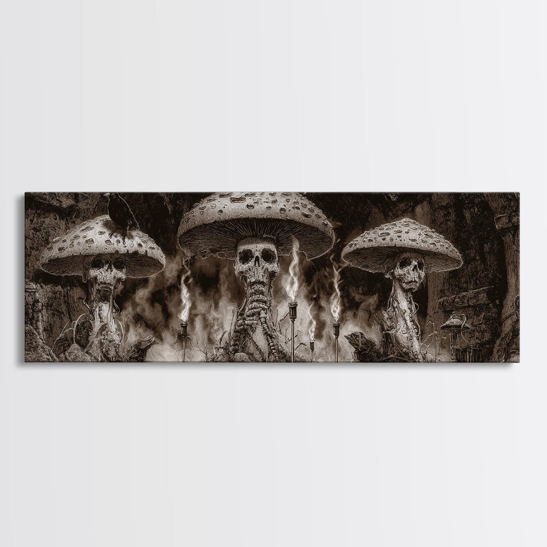 The Moonlit Mushroom Village, Biomechanical Horror Art, Extra Wide Wall Art, Gothic Horror Wall Art, Canvas Print, Halloween Wall Art