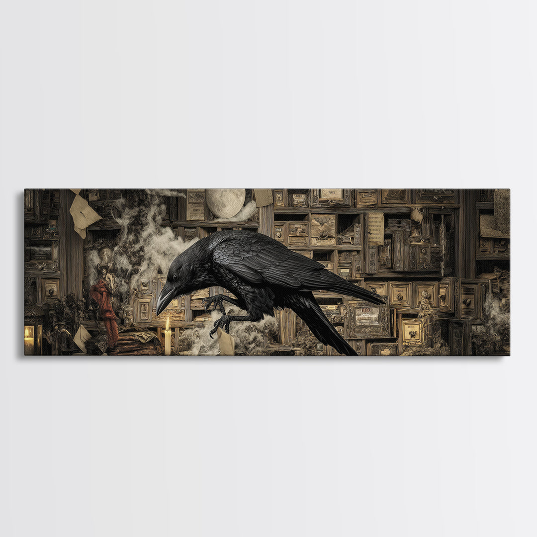 The Raven Post Office, Medieval Grotesque Art, Extra Wide Wall Art, Dark Halloween Decor, Framed Canvas Print, Halloween Wall Art