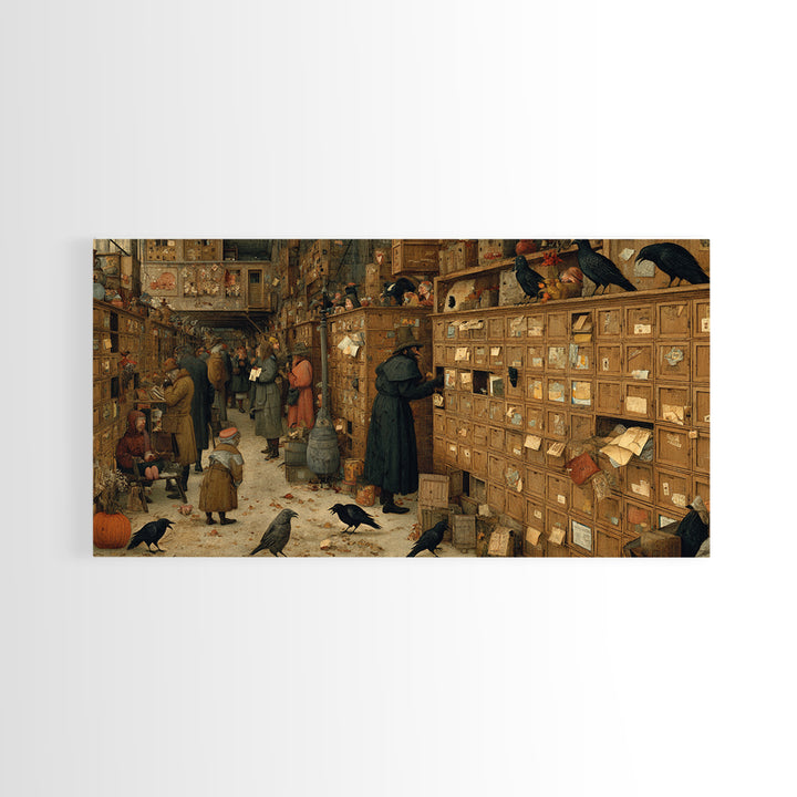 The Raven Post Office, Northern Renaissance Horror, Wide Panoramic Art, Dark Fantasy Wall Art, Framed Canvas Print