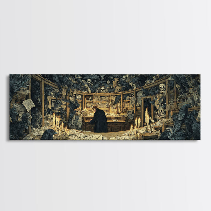 The Raven Post Office, Dark Renaissance Art, Extra Wide Wall Art, Gothic Horror Wall Art, Framed Canvas Print, Halloween Wall Art