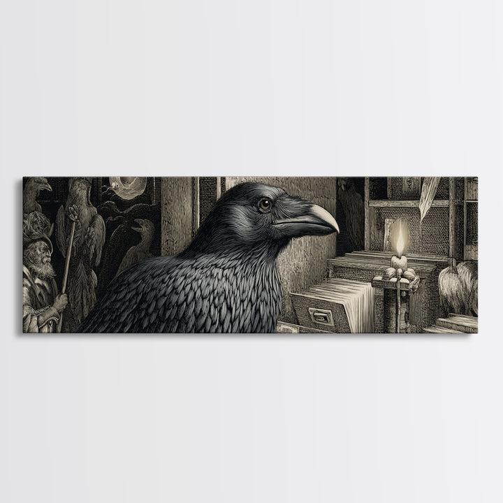 The Raven Post Office, Renaissance Engraving Art, Extra Wide Wall Art, Gothic Horror Wall Art, Framed Canvas Print, Halloween Wall Art