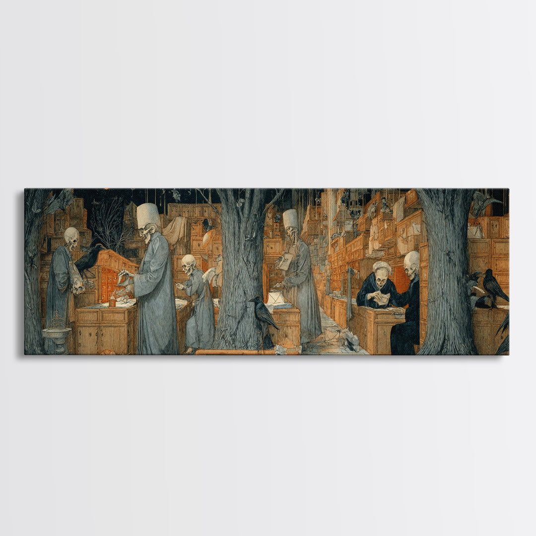 The Raven Post Office, Danse Macabre Art, Extra Wide Wall Art, Dark Fantasy Wall Art, Canvas Print, Halloween Wall Art