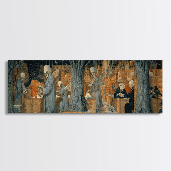 The Raven Post Office, Danse Macabre Art, Extra Wide Wall Art, Dark Fantasy Wall Art, Canvas Print, Halloween Wall Art
