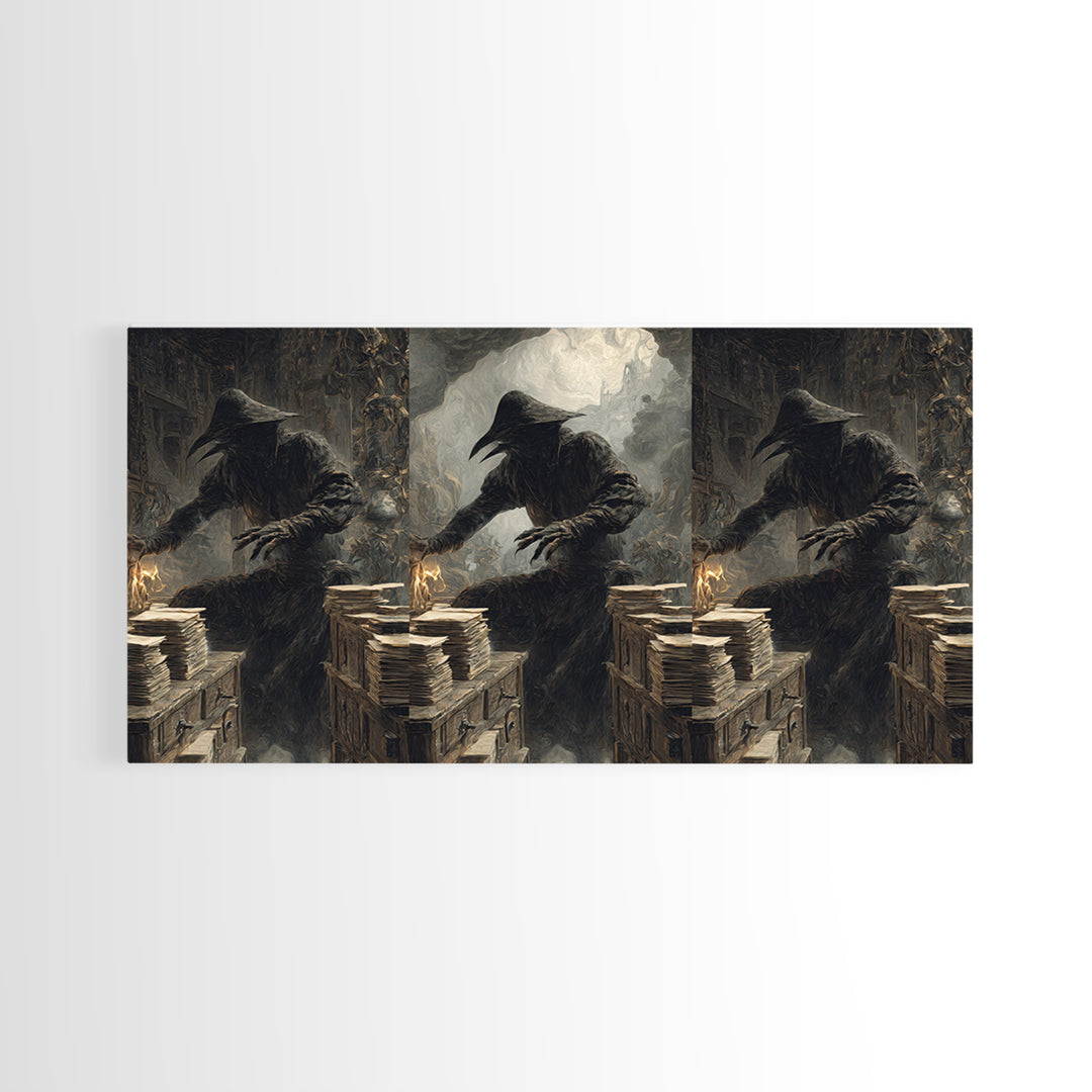 The Raven Post Office, Baroque Witchcraft Art, Wide Panoramic Art, Macabre Wall Art, Framed Canvas Print, Halloween Wall Art