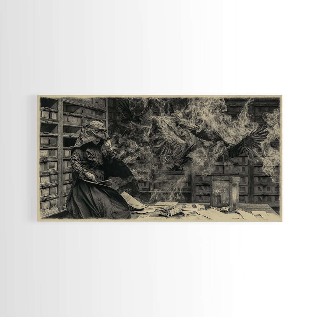 The Raven Post Office, Dark Romantic Horror Art, Wide Panoramic Art, Dark Fantasy Wall Art, Canvas Print, Halloween Wall Art