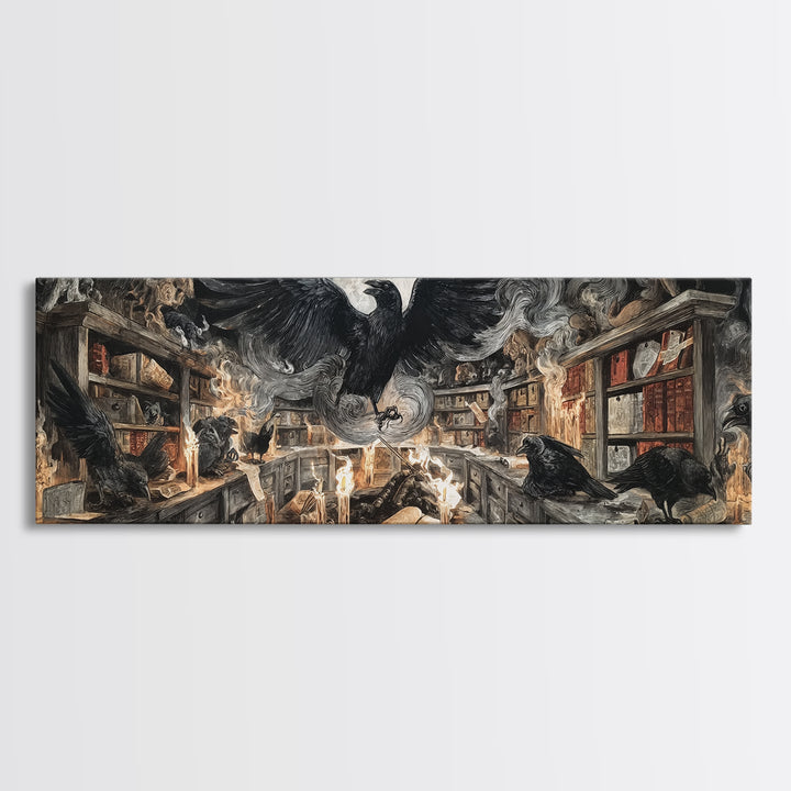 The Raven Post Office, Visionary Gothic Art, Extra Wide Wall Art, Macabre Wall Art, Framed Canvas Print, Halloween Wall Art