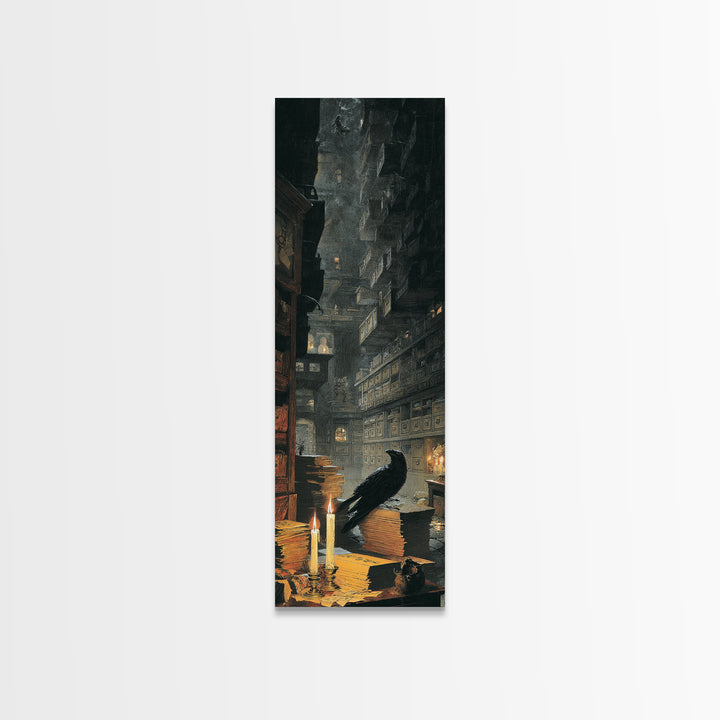 The Raven Post Office, Architectural Etching Art, Tall Narrow Wall Art, Dark Halloween Decor, Framed Canvas Print