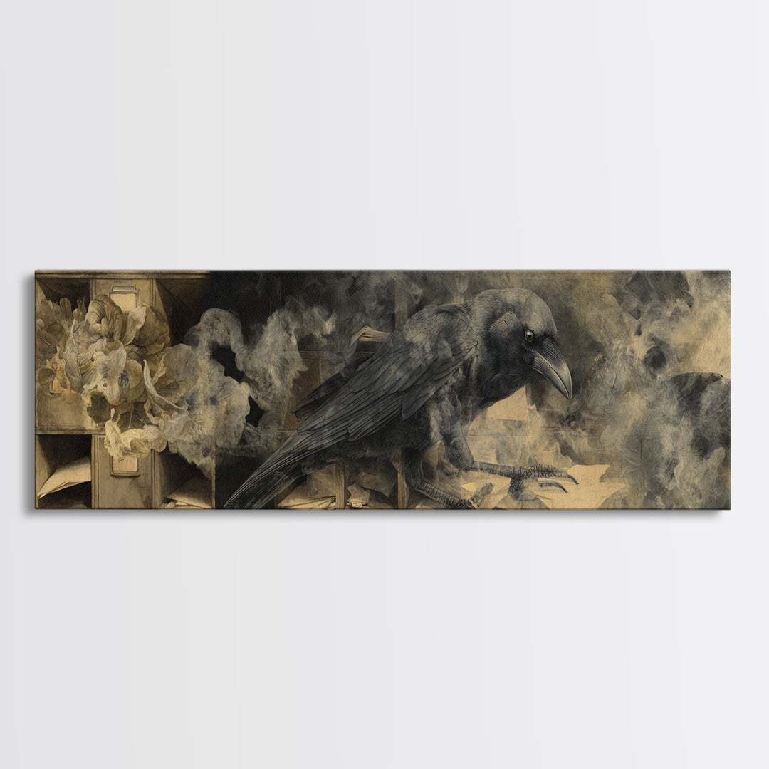The Raven Post Office, Symbolist Dream Art, Extra Wide Wall Art, Macabre Wall Art, Framed Canvas Print, Halloween Wall Art