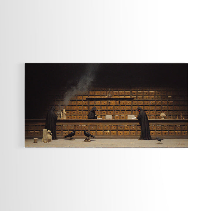 The Raven Post Office, Symbolist Gothic Landscape, Wide Panoramic Art, Macabre Wall Art, Framed Canvas Print, Halloween Wall Art