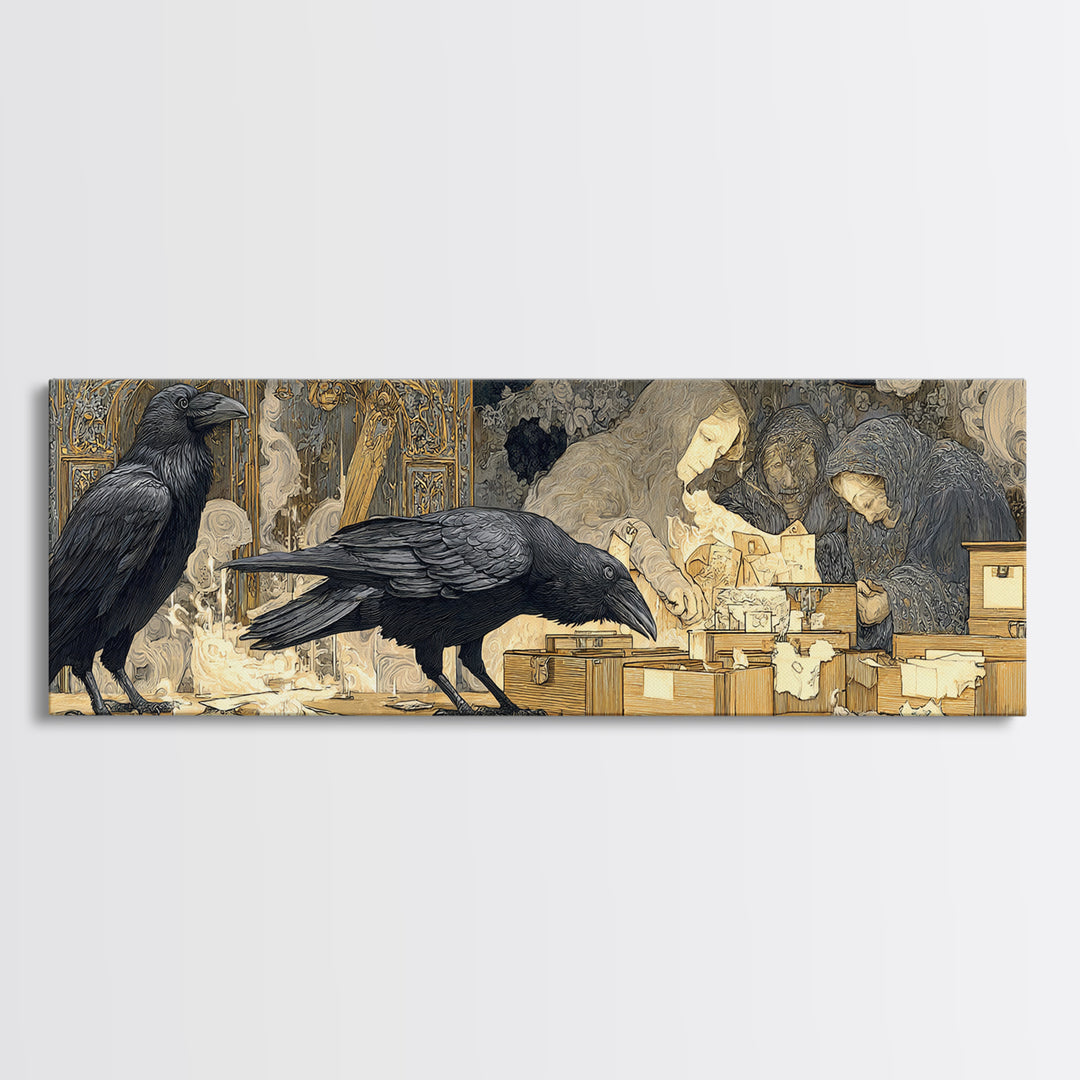 The Raven Post Office, Symbolist Death Art, Extra Wide Wall Art, Dark Halloween Decor, Framed Canvas Print, Halloween Wall Art