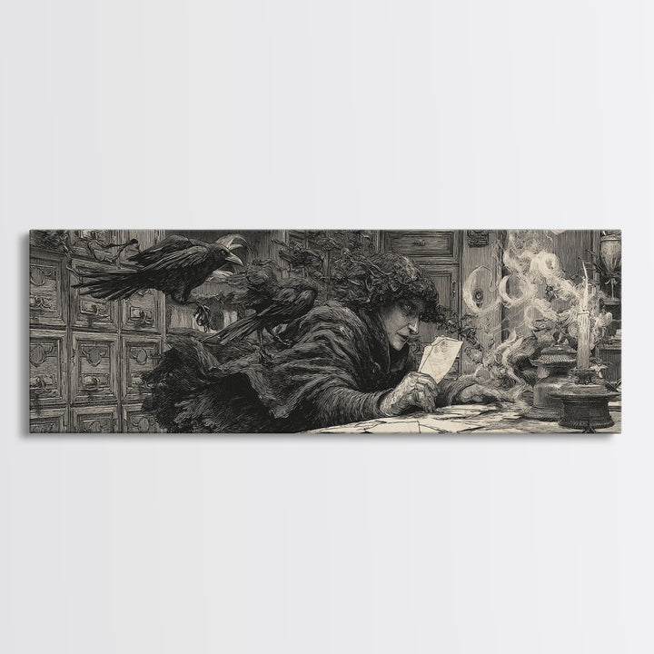 The Raven Post Office, Symbolist Etching Art, Extra Wide Wall Art, Dark Fantasy Wall Art, Canvas Print, Halloween Wall Art