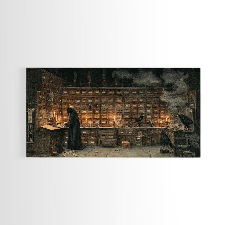 The Raven Post Office, Expressionist Nightmare Art, Wide Panoramic Art, Dark Fantasy Wall Art, Framed Canvas Print, Halloween Wall Art